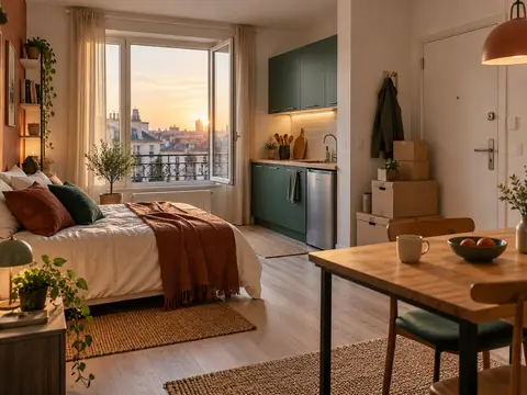 Studio urbain d'une seule pièce avec des cartons empilés près de l'entrée