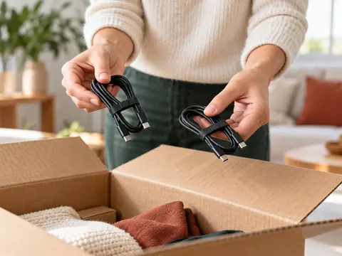 Mains tenant deux câbles au-dessus d'un carton de tri