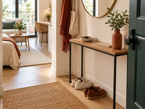 Entrée de studio organisée avec étagère étroite et coupelle à clés