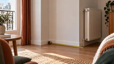 Coin de studio montrant une gaine technique et un radiateur en saillie sur un mur
