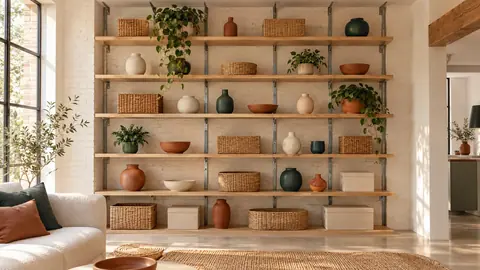 Bibliothèque toute hauteur fixée sur un mur en brique dans un studio
