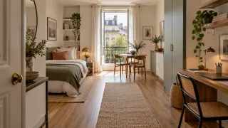 Studio lumineux avec séparation visuelle, visuel existant conservé du lot habitat-studio.